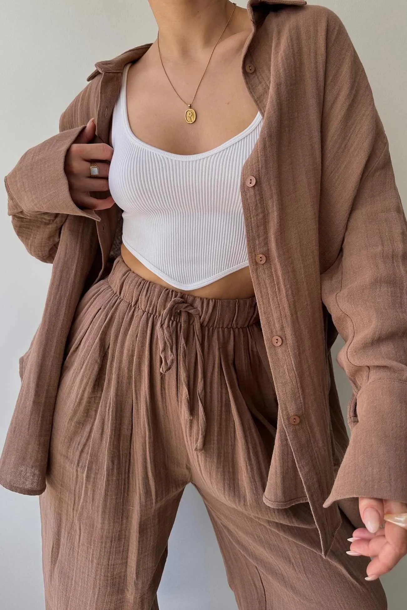 Maxct Lapel Long Sleeve Shirt Strappy Long Pants Suits