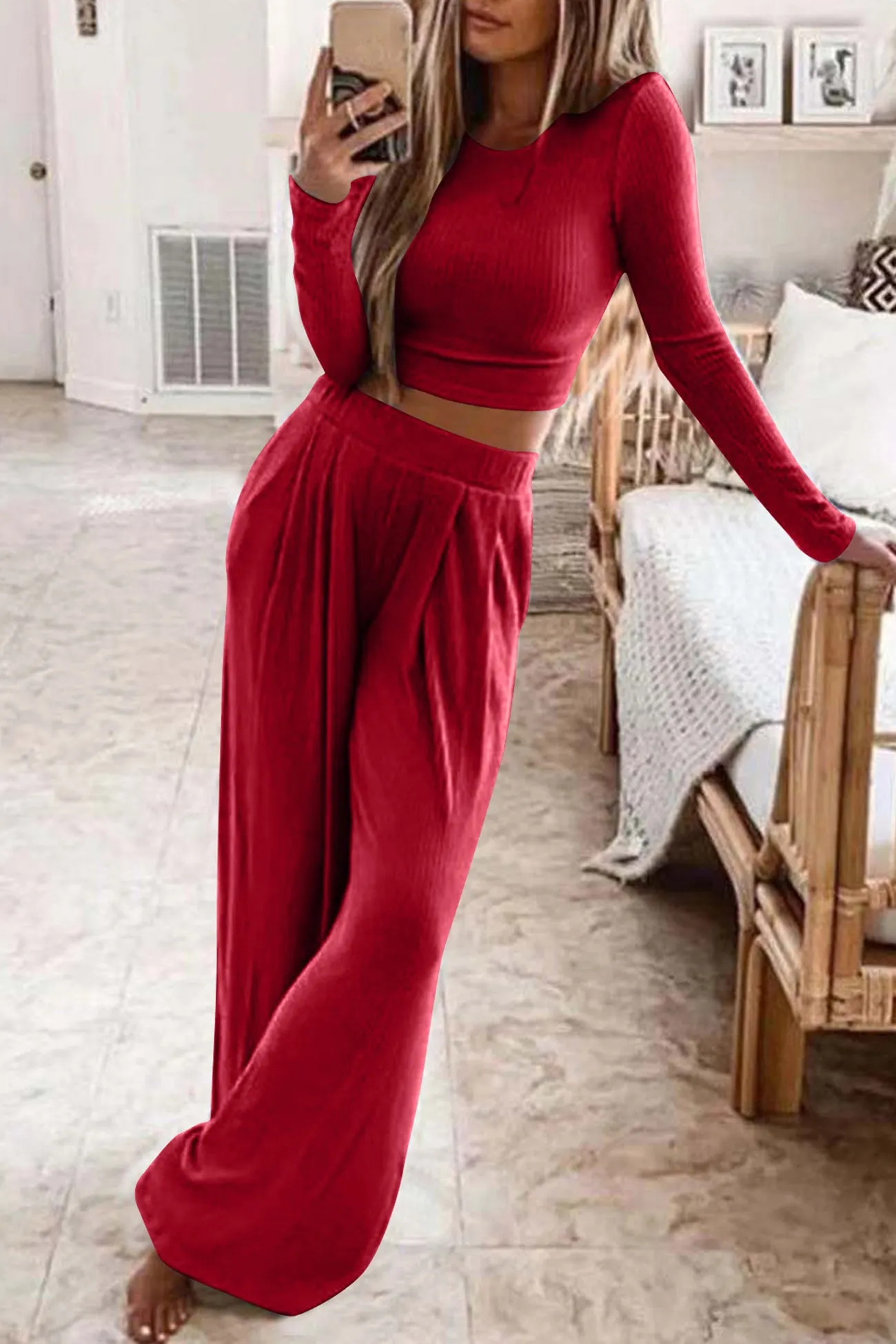 Maxct Solid Color Ribbed Crop Top Long Pants Set