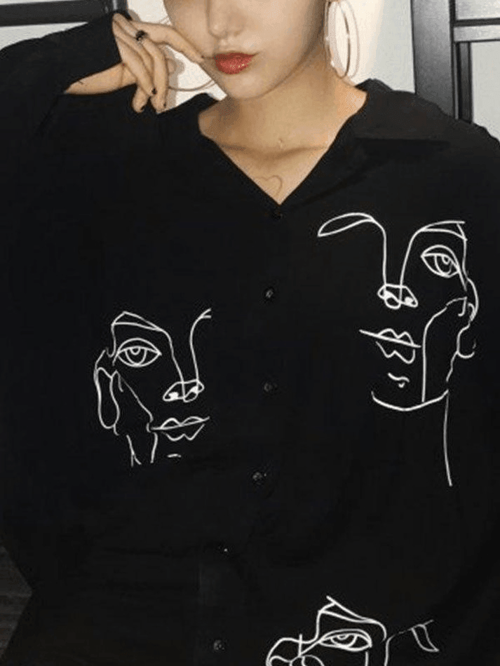 Maxct Abstract Face Print Long Sleeve Blouse
