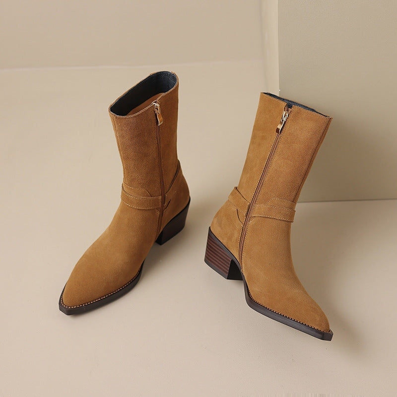 Womens Suede Mid Calf Boots 45mm Block Heel with Buckle Details Maxct