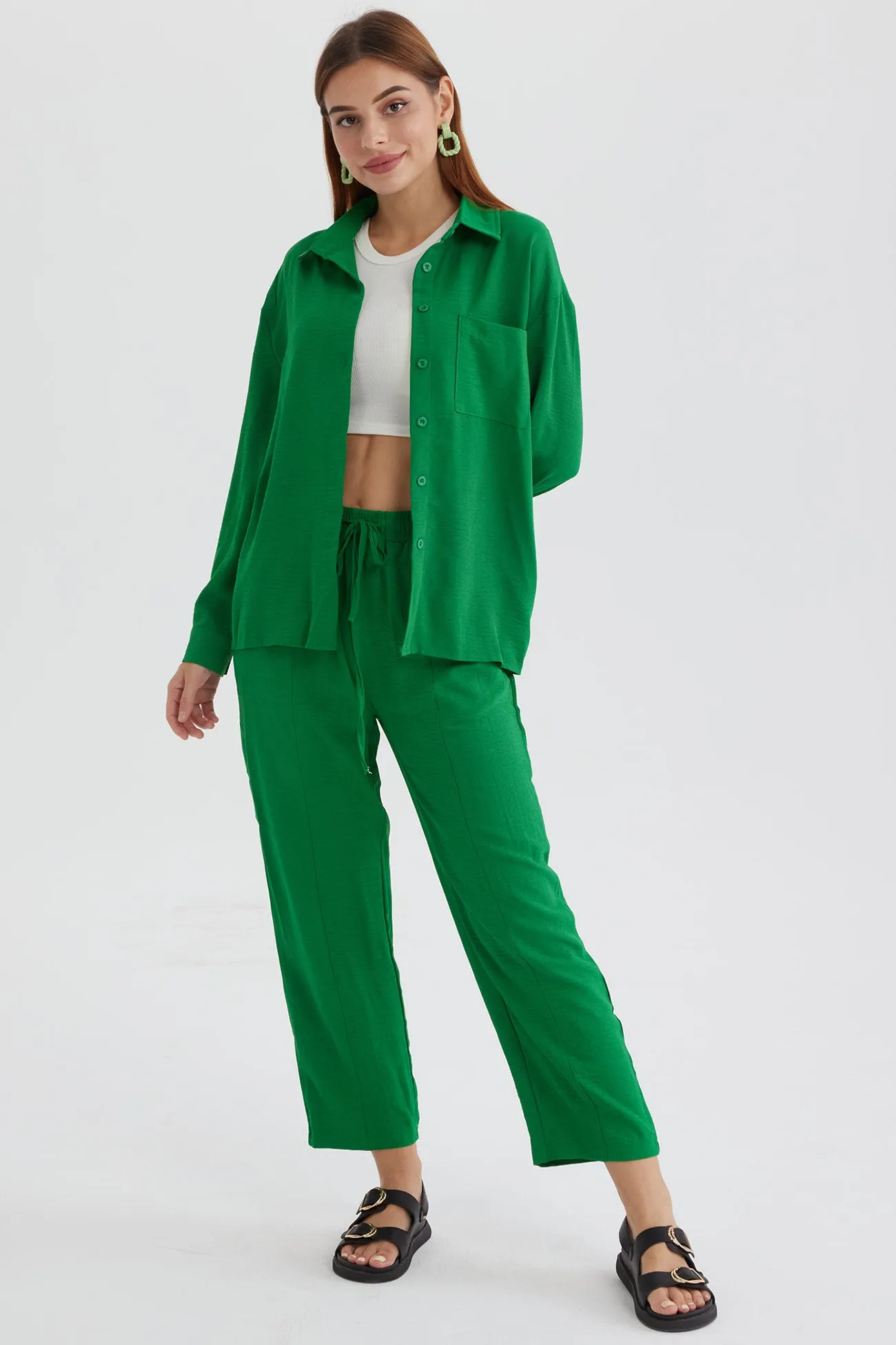 Maxct Long Sleeve Solid Color Shirt Long Pants Set - Image 32