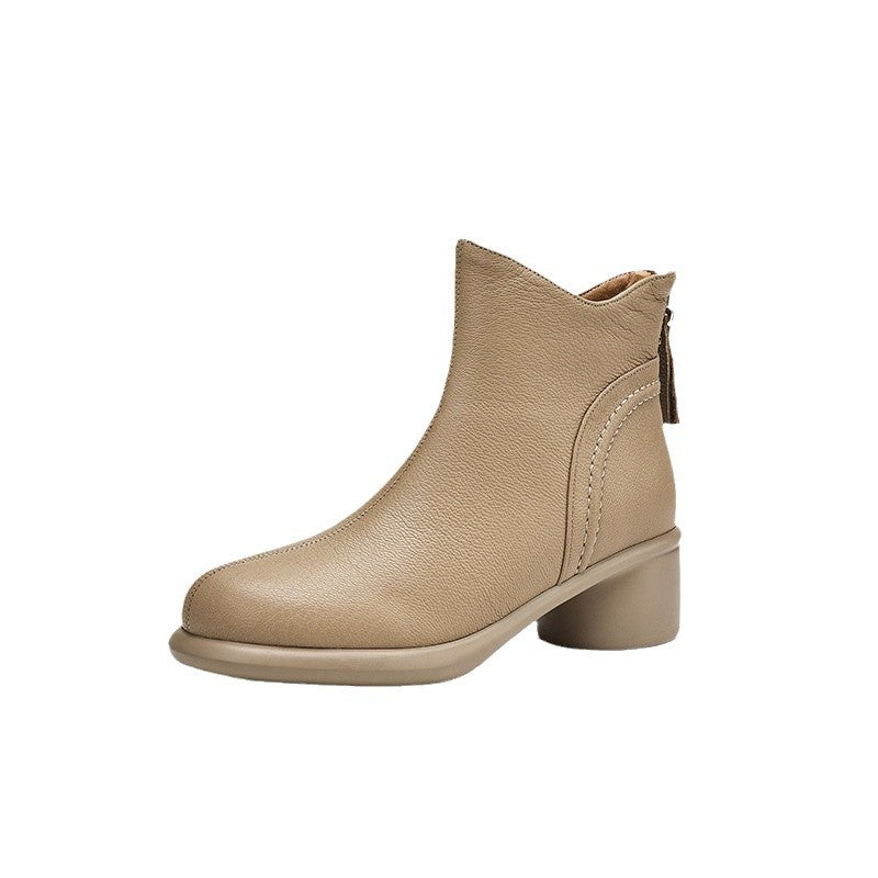 Retro Autumn Sheepskin Leather Soft Chunky Zipper Boots