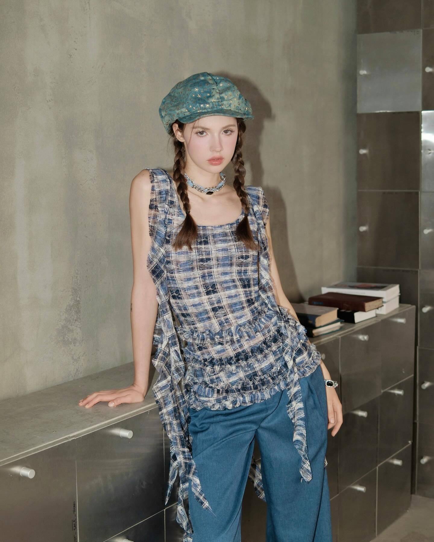 Pleated Plaid Miniskirt Sleeveless Dress Maxct