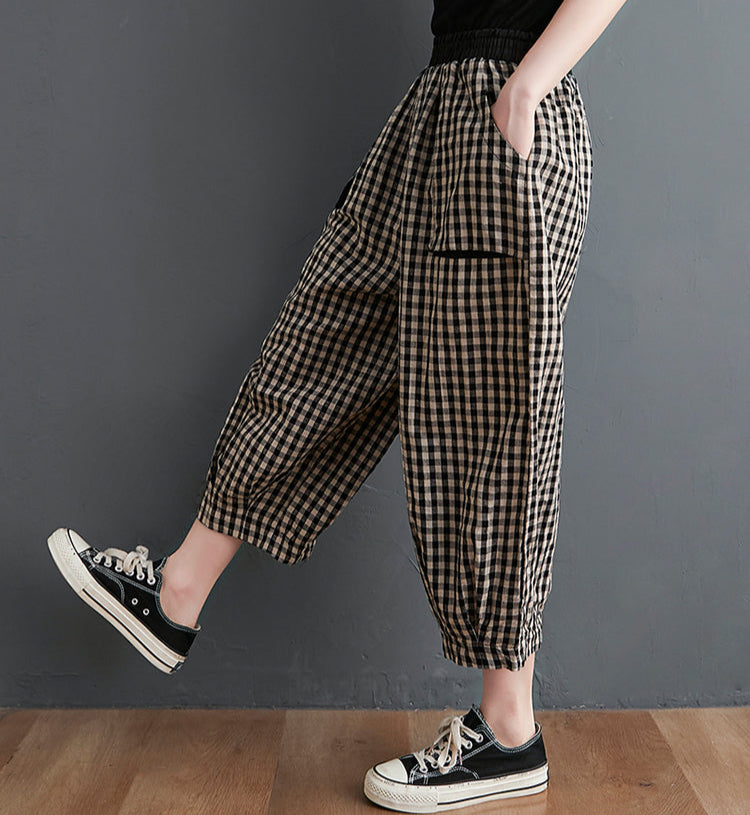 Large Pockets Plaid Elastic Waist Casual Cotton Linen Pants