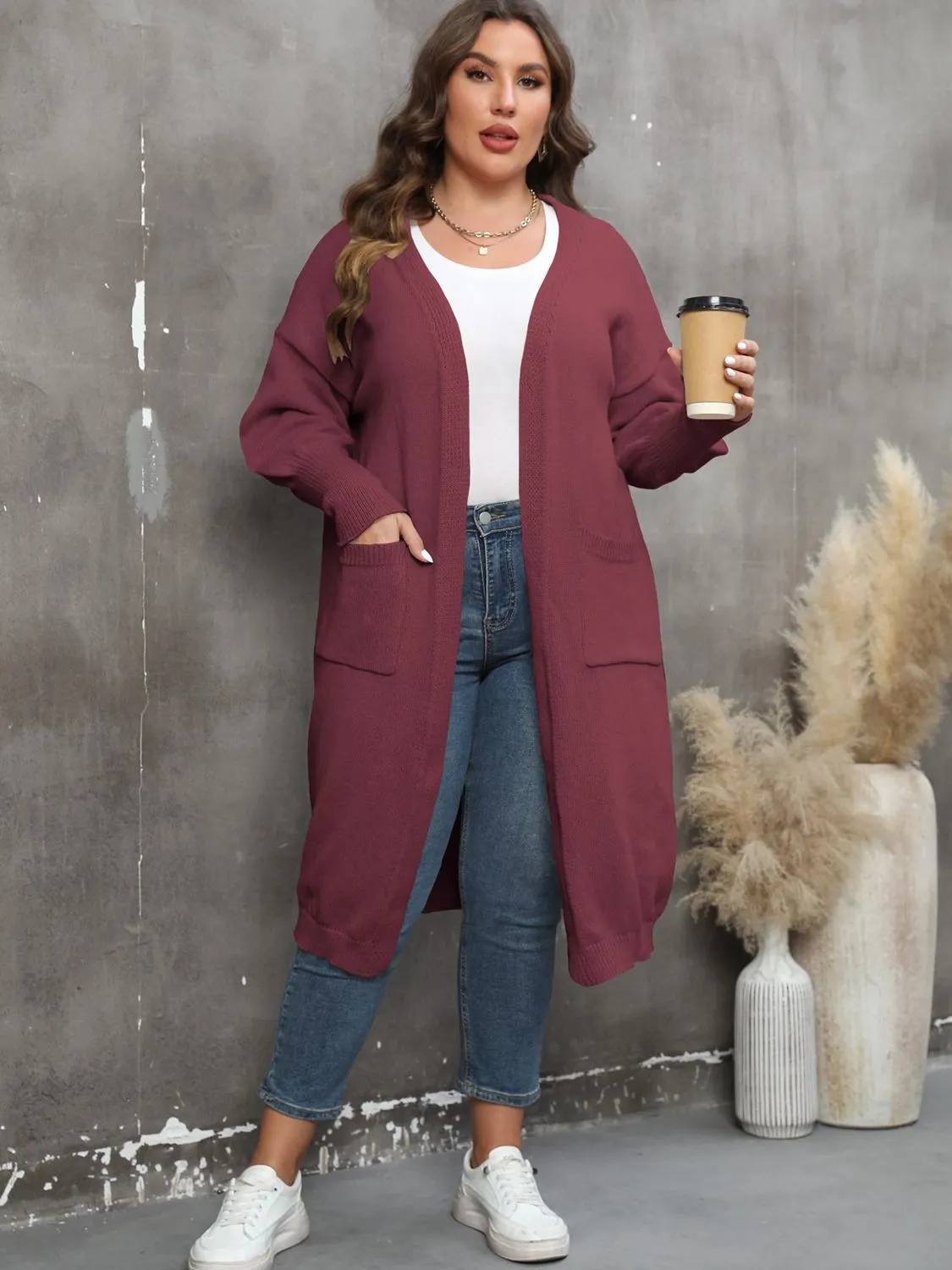 Maxct &Plus Size Long Sleeve Pocketed Cardigan