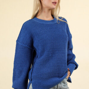 Maxct &VERY J Waffle-Knit Exposed Seam Round Neck Sweater