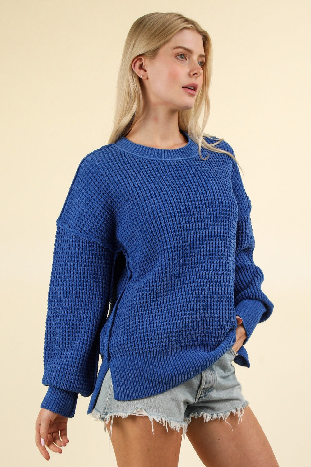 Maxct &VERY J Waffle-Knit Exposed Seam Round Neck Sweater
