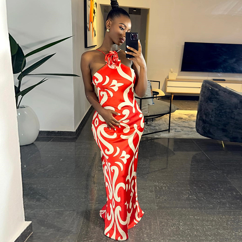 Maxct Fashionable Printed Sexy Sleeveless Halter Three-Dimensional Flower Decoration Sheath Dress Trendy Women