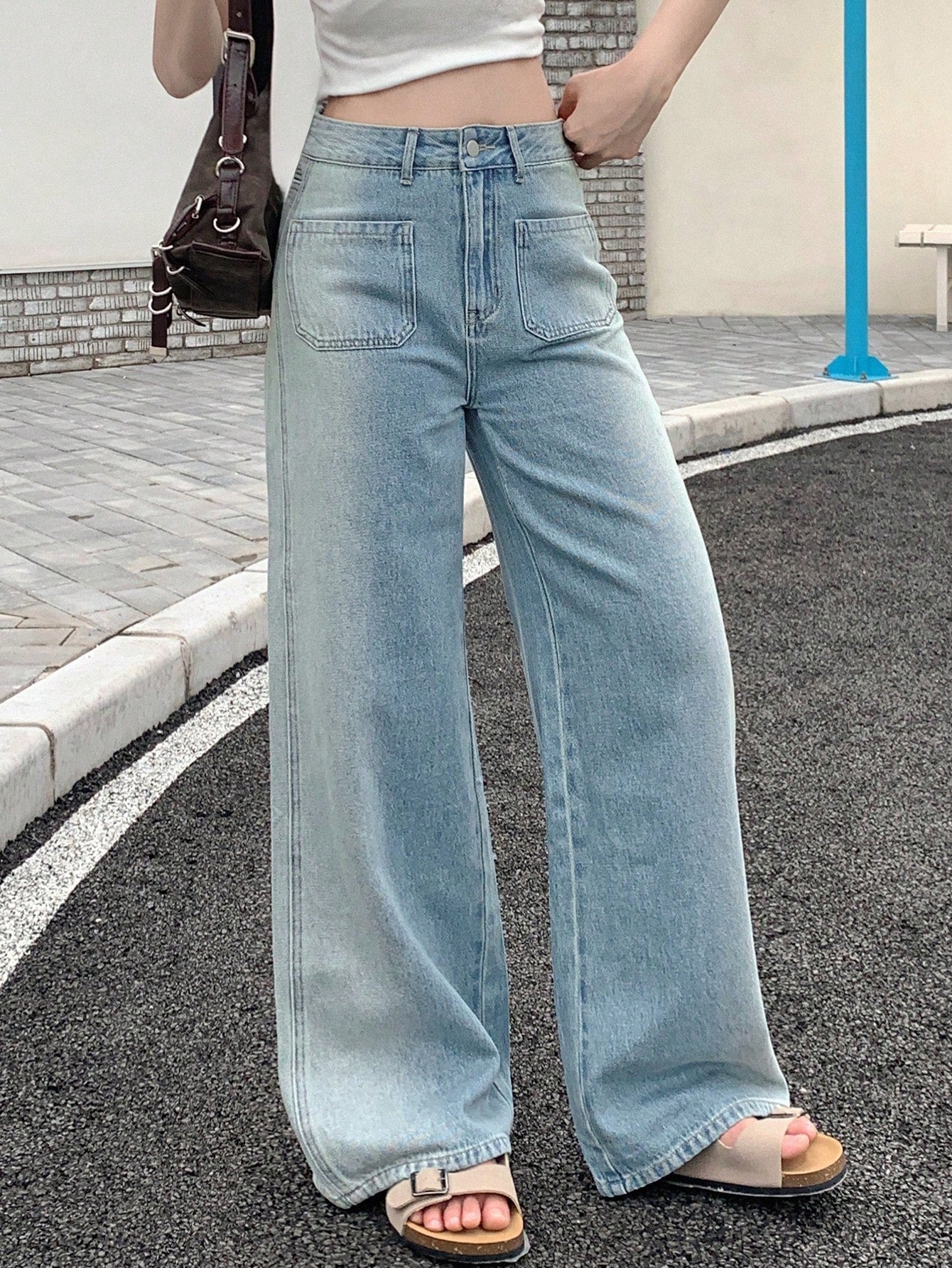 Maxct Women Casual Wide Leg Denim Pants With Pockets For Daily Wear