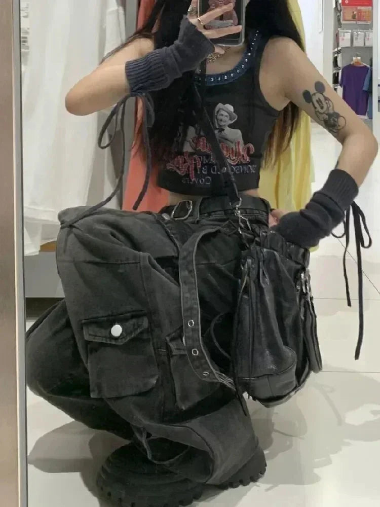 Emo Black Cargo Jeans for Women Maxct