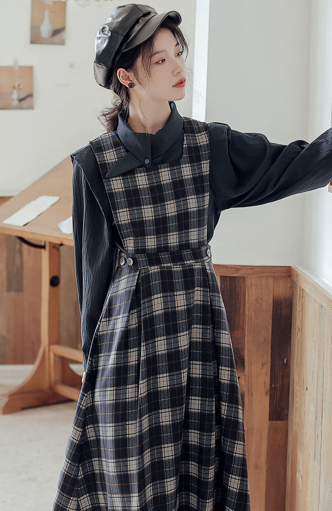 Crepe Plaid Pinafore Dress Set Maxct