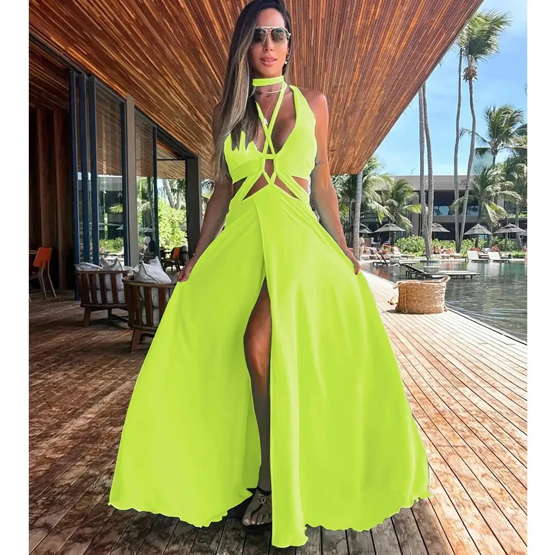 Maxct Women Halter Neck Tie Backless Beachwear Green Cover Up Party Ladies Dresses Casual Summer Clothing Fashion Long Dress
