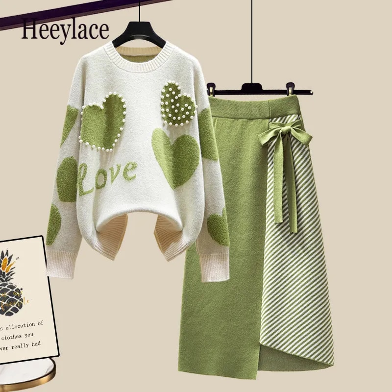 Maxct Lazy Sweater Two Piece set Women Sweet Heart-shaped beaded Pullover Jumper Top + Irregular Striped Skirt Knit 2PCS Sets