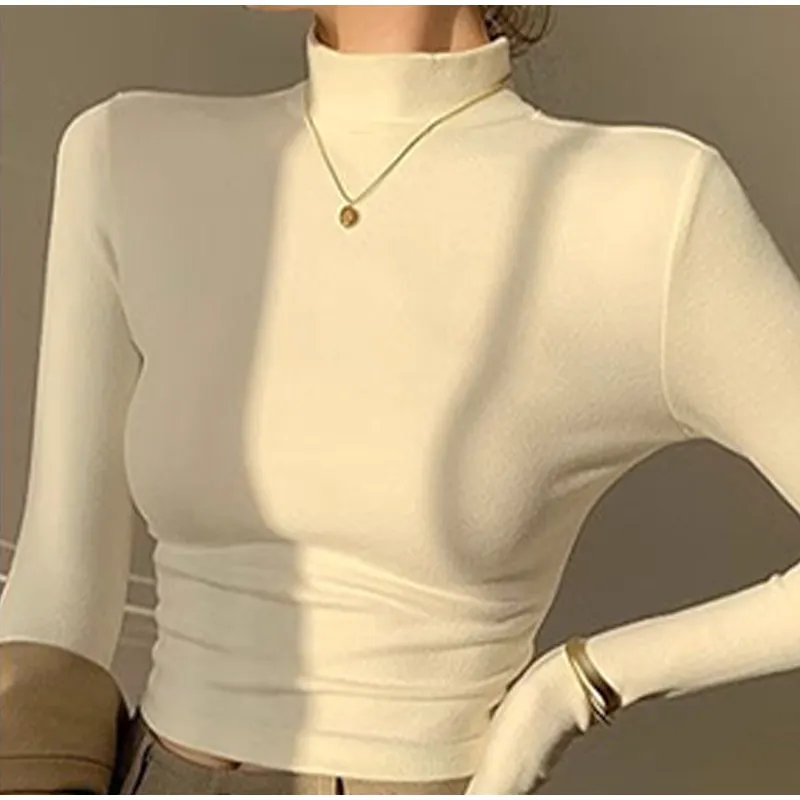 Double Sided Fleece Turtleneck Base Shirt Women Casual Slim Solid Long Sleeve Knitted Pullovers Lady Autumn Chic Thick Warm Tops