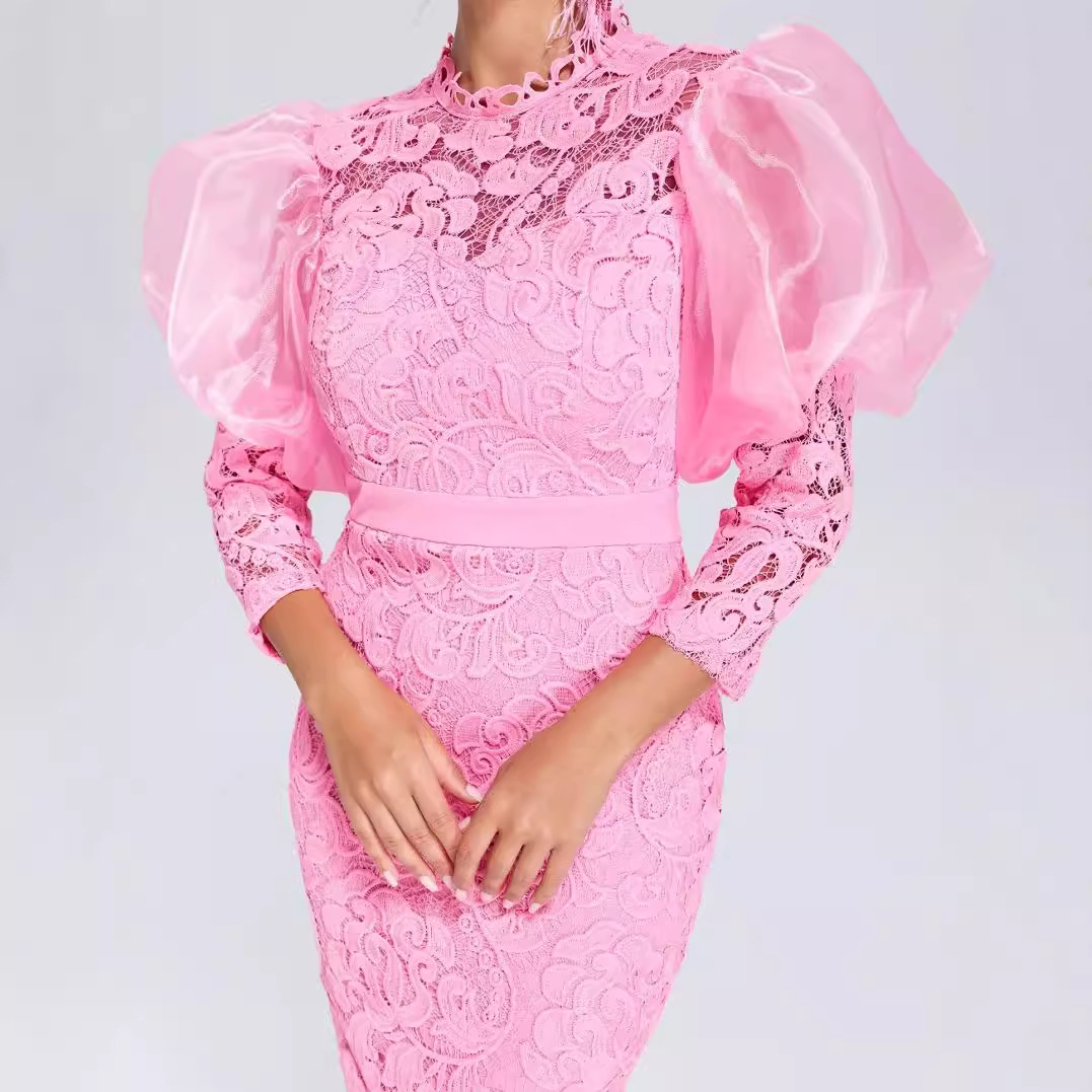 Maxct High-End Dress Dress Lace See-through Puff Sleeve Slim Party Dress Elegant Exquisite Women Dress