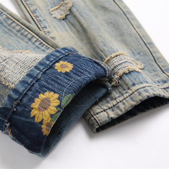 Men's Casual Letter Embroidery Jeans, Chic Vintage Style Skinny Denim Pants