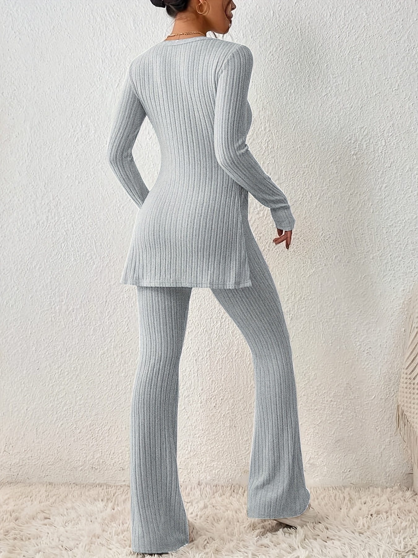 Solid Textured Two-piece Set, Long Sleeve Slit Long Length Top & Skinny Pants Outfits, Women's Clothing