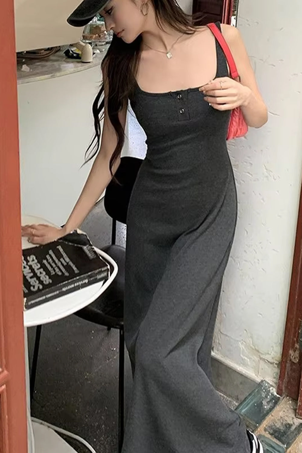 Square Collar Buttons Sleeveless Off Shoulder Long Dress Maxct