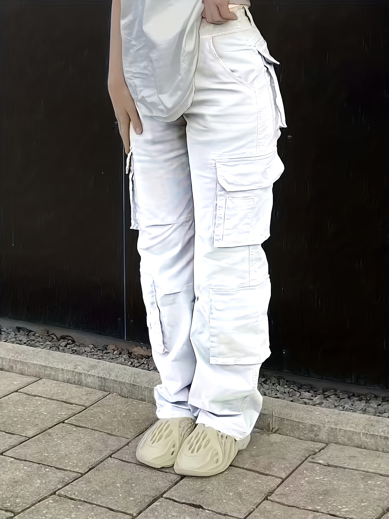 Plain High Rise Cargo Denim Pants, Loose Solid Color Retro Cargo Jeans, Street Casual Style, Women's Denim Jeans & Clothing