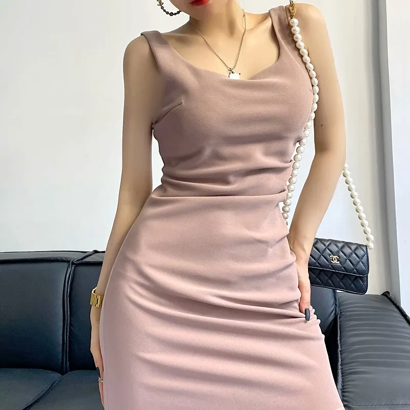 Maxct Maxct New Pleated Vest Dress Summer Women's Solid Color Square Collar Sleeveless Hip Skirt