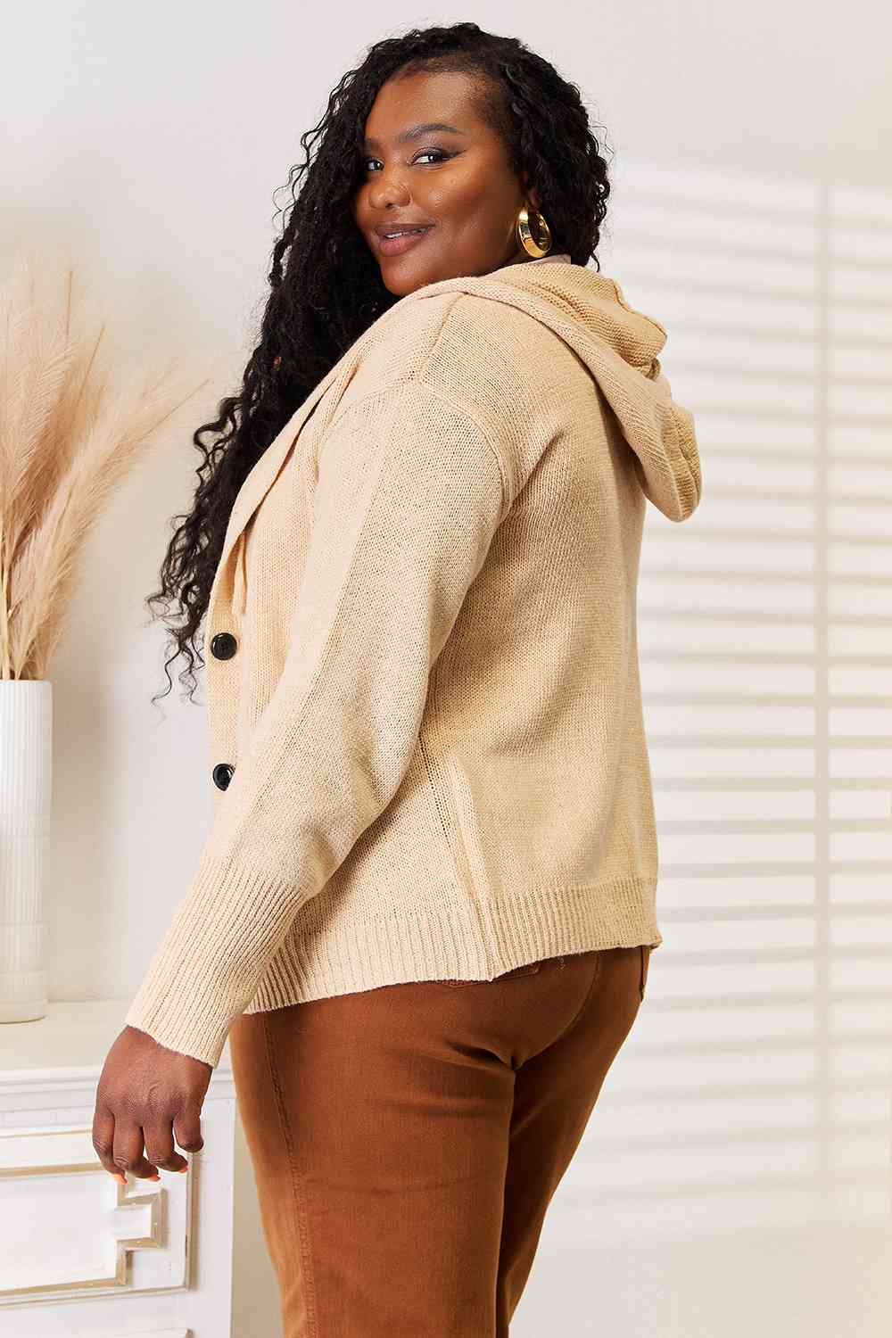 Maxct &Woven Right Button-Down Long Sleeve Hooded Sweater