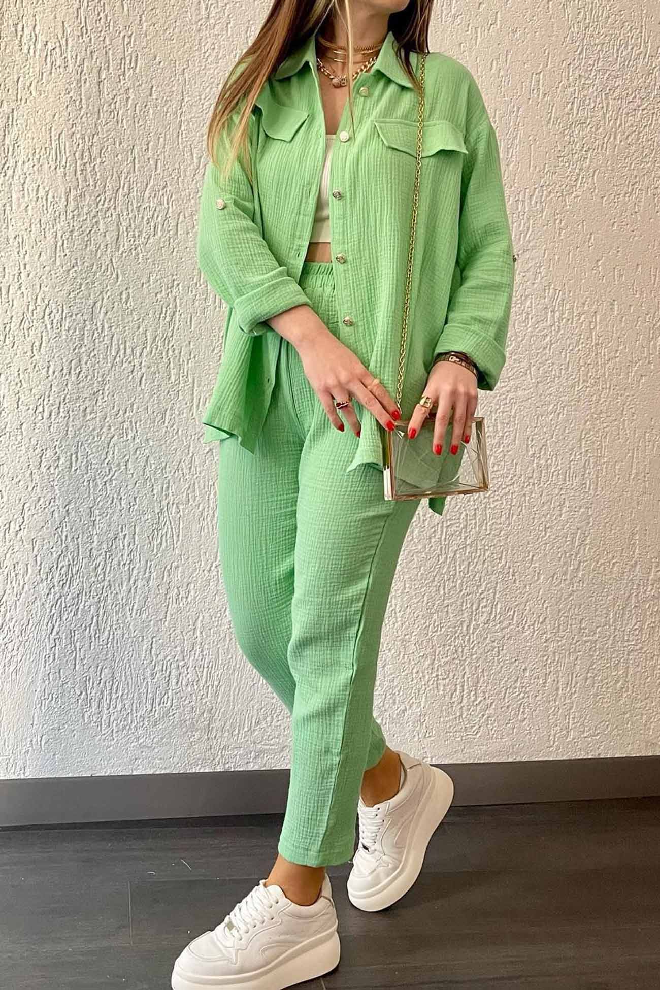 Maxct Long Sleeve Pocketed Slit Shirt Long Pants Suits