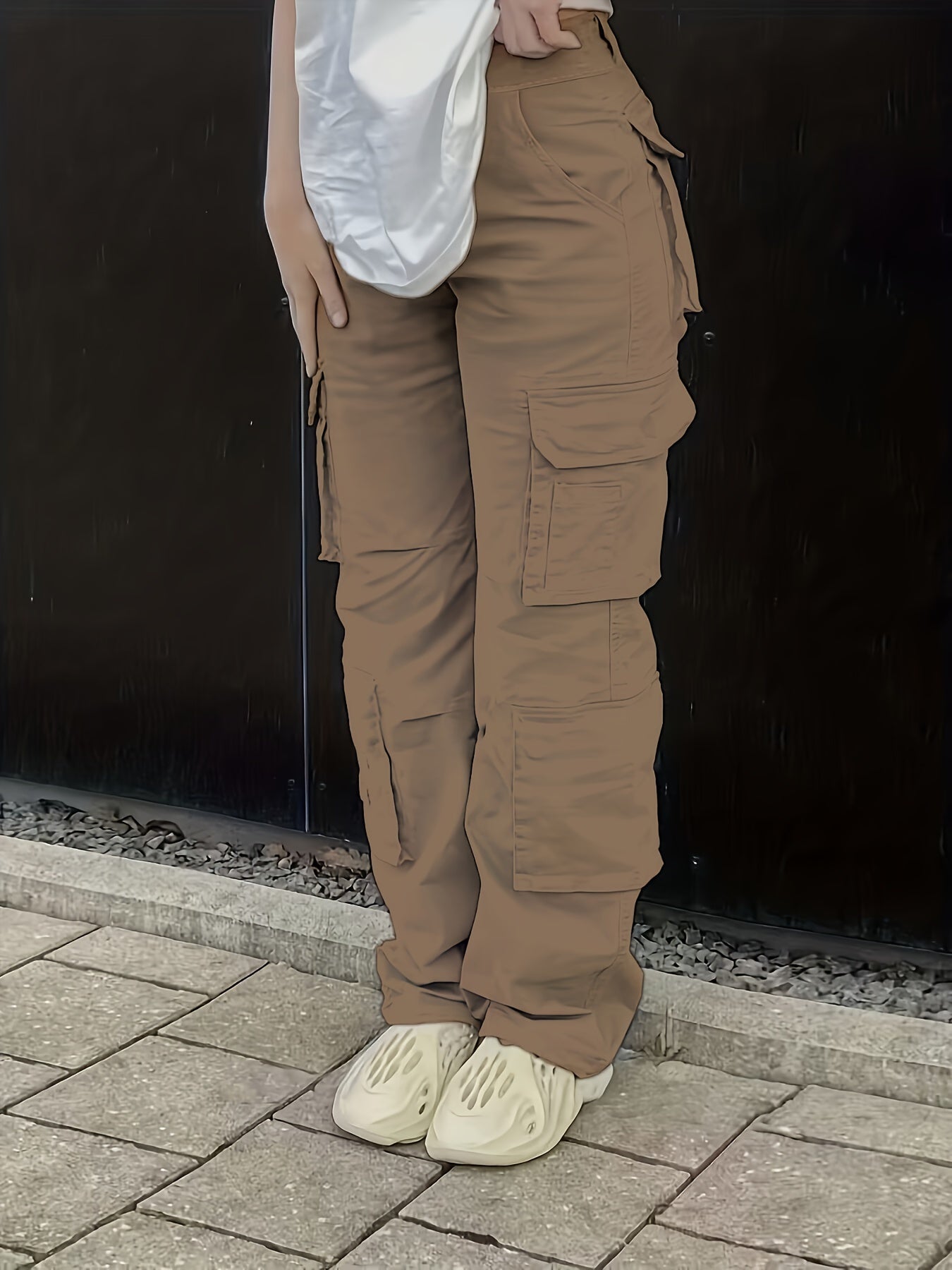 Maxct Plain High Rise Cargo Denim Pants, Loose Solid Color Retro Cargo Jeans, Street Casual Style, Women's Denim Jeans & Clothing