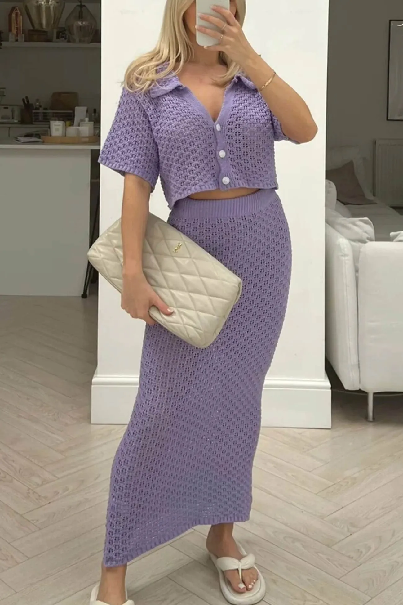 Maxct Hollow Out Crochet Blouses Midi Skirt Suits