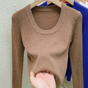 Maxct Photos U-neck Knitted Sweater For Women's Autumn Long Sleeved Top Girls Simple Base Jumper GT8311