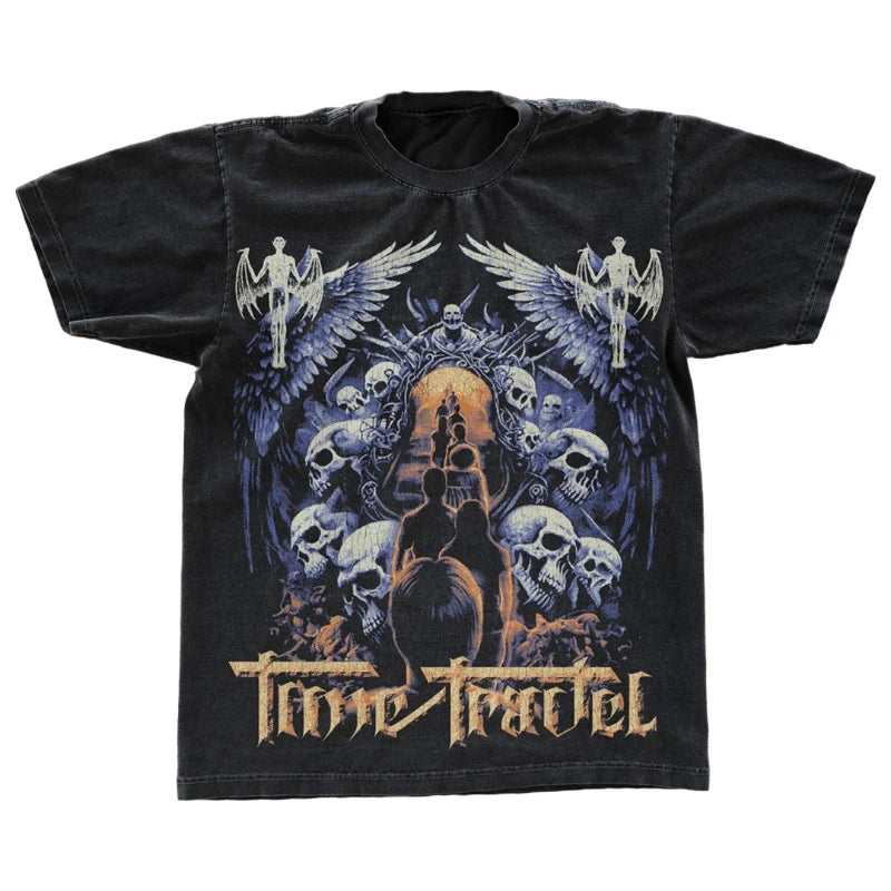 Maxct 90s Streetwear Gothic Streetwear T Shirts Men Harajuku Retro Print Pattern Oversized Tshirt Y2K Punk Skull Demon Graphic Short Sleeved Tops