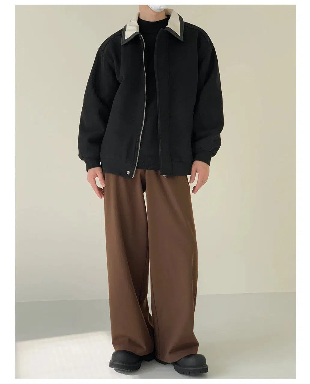 Maxct Contrast Color PU Leather Collar Wool Jacket