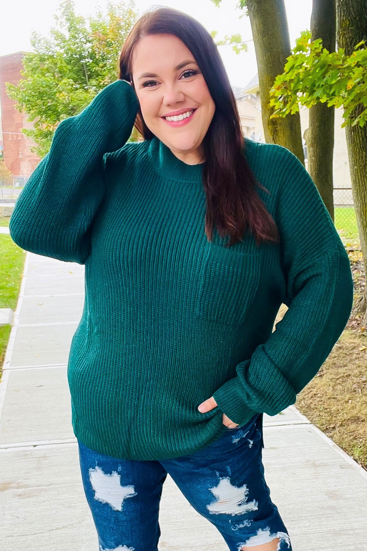 Maxct &Classy Chic Hunter Green Mock Neck Chest Pocket Knit Sweater