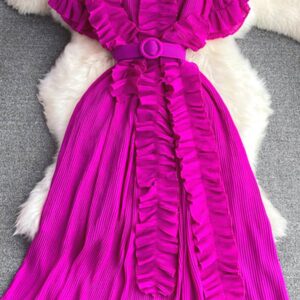 Maxct Women Pleated Midi Dress Purple/Red/White Stand Collar Short Flare Sleeve High Waist A-Line Ruffle Party Vestidos Female