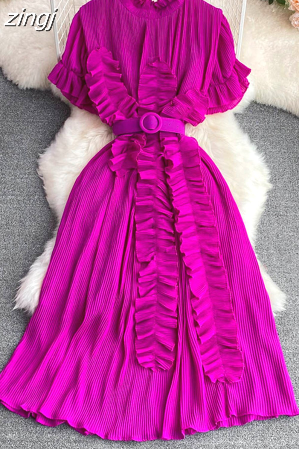 Maxct Women Pleated Midi Dress Purple/Red/White Stand Collar Short Flare Sleeve High Waist A-Line Ruffle Party Vestidos Female
