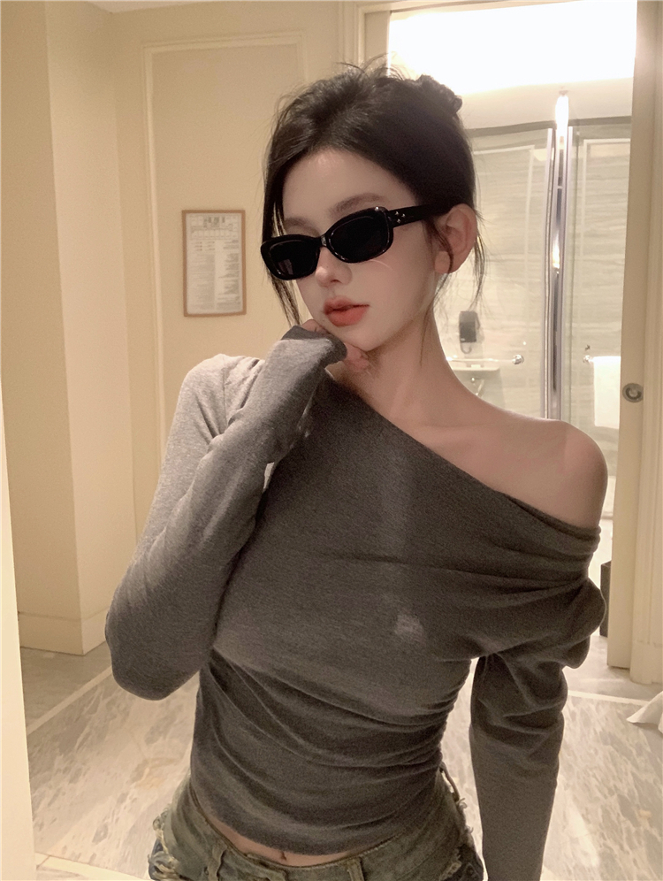 Black Solid Slash Neck Elegant Long Sleeve Tops Fashion Slim Sexy Cropped T Shirt Skinny Women Y2k Clothing Autumn Casual Shirts
