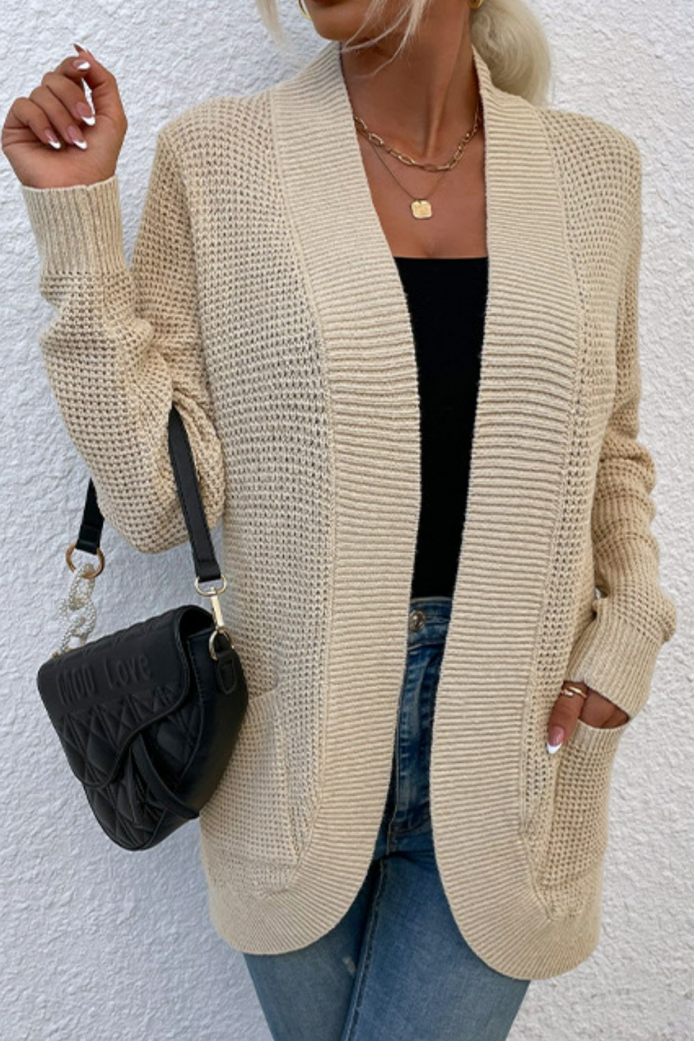 Maxct &Open Front Rib-Knit Cardigan with Pockets