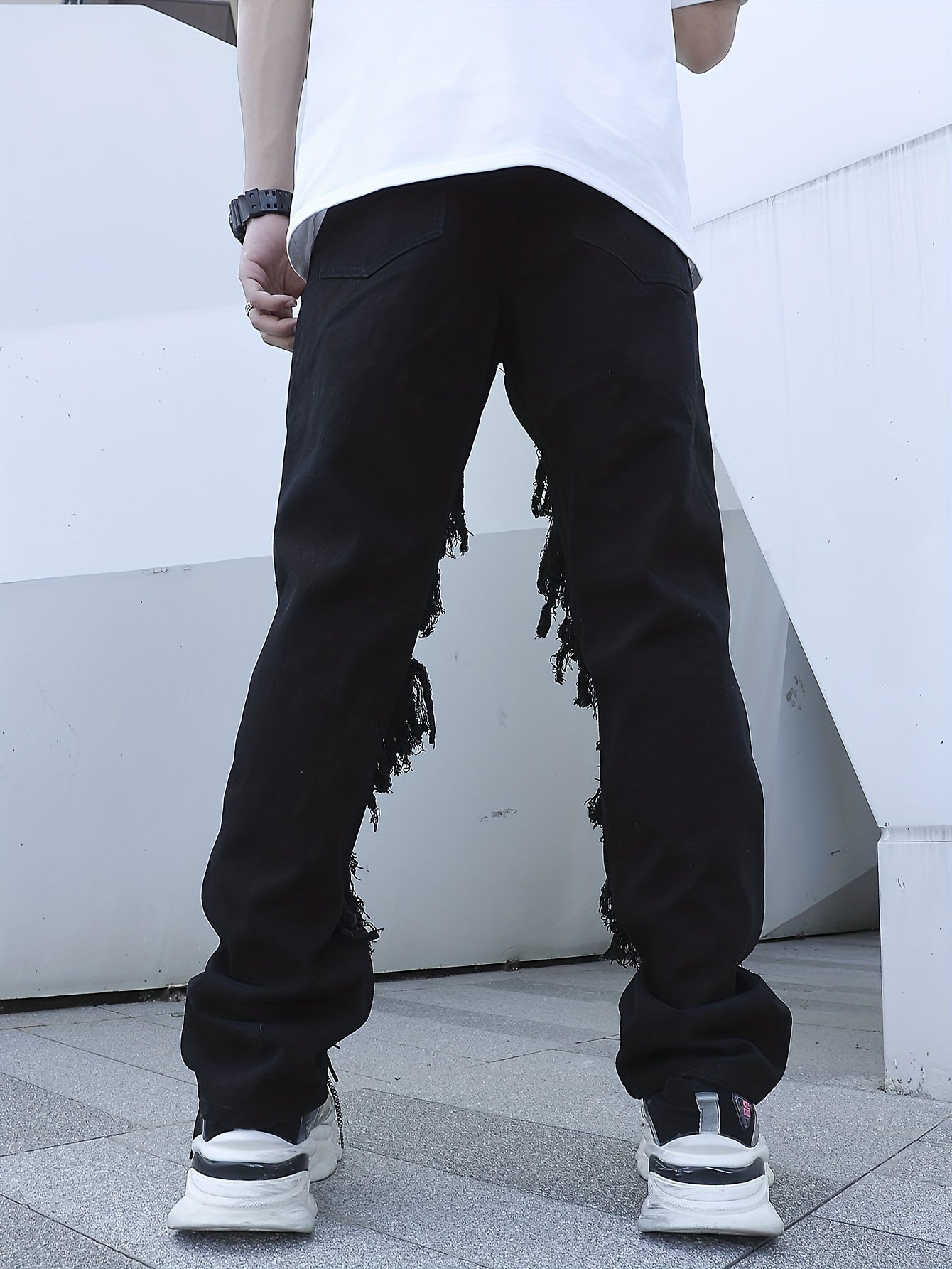Maxct  Loose Fit Patchwork Jeans, Men's Casual Street Style Wide Leg Pants With Creative Tassels