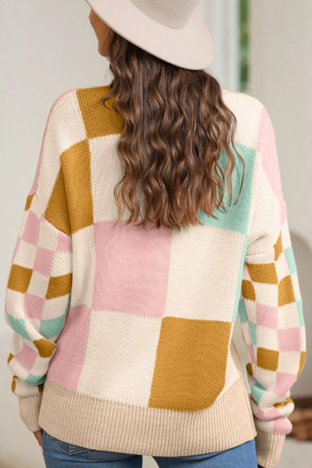 Maxct &Checkered Round Neck Drop Shoulder Sweater