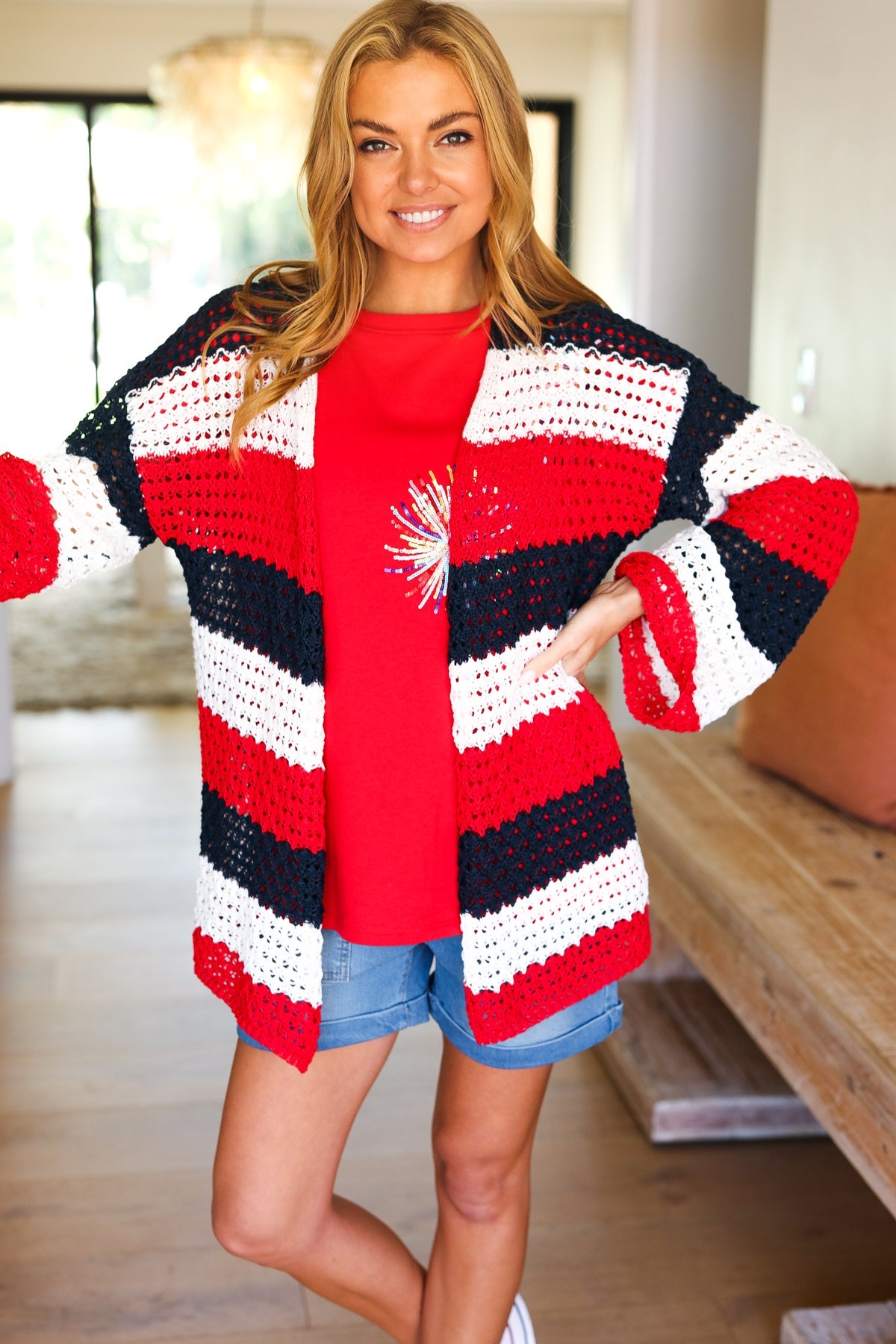 Maxct &Simply Patriotic Red White & Blue Striped Crochet Cardigan