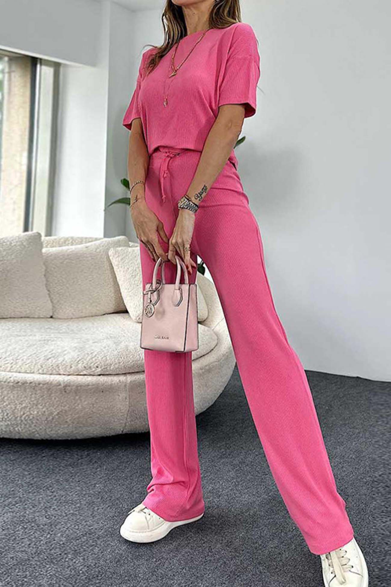 Maxct Ribbed Short Sleeve Drawstring Long Pants Set
