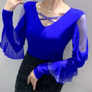 Maxct Spring Summer T-shirts Women V-neck Ruffles Long Sleeve Solid Mesh Elastic Tops Tees Female Fashion Diamonds T Shirt