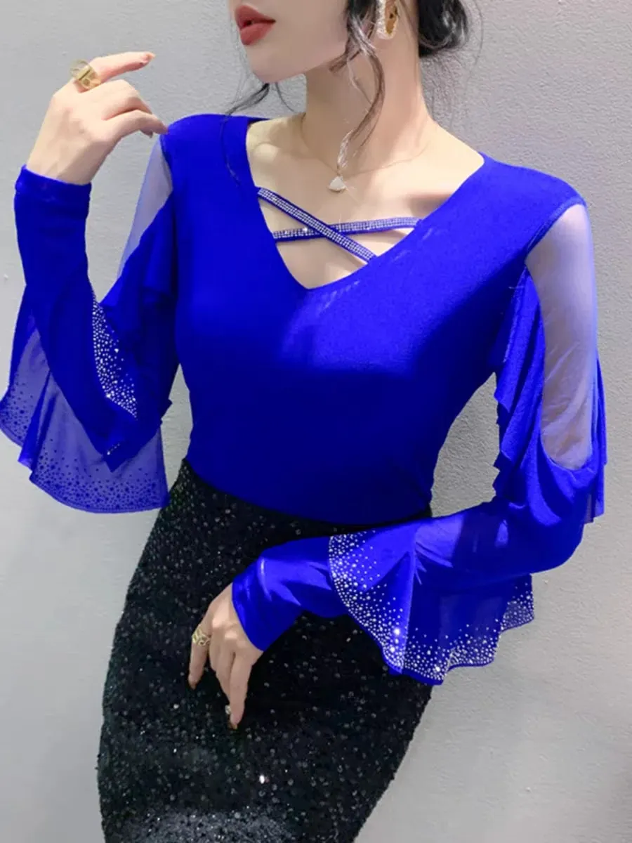 Maxct Spring Summer T-shirts Women V-neck Ruffles Long Sleeve Solid Mesh Elastic Tops Tees Female Fashion Diamonds T Shirt