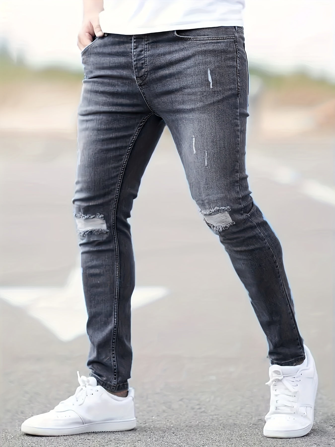 Maxct  Slim Fit Ripped Jeans, Men's Casual Street Style Distressed Mid Stretch Denim Pants For Spring Summer
