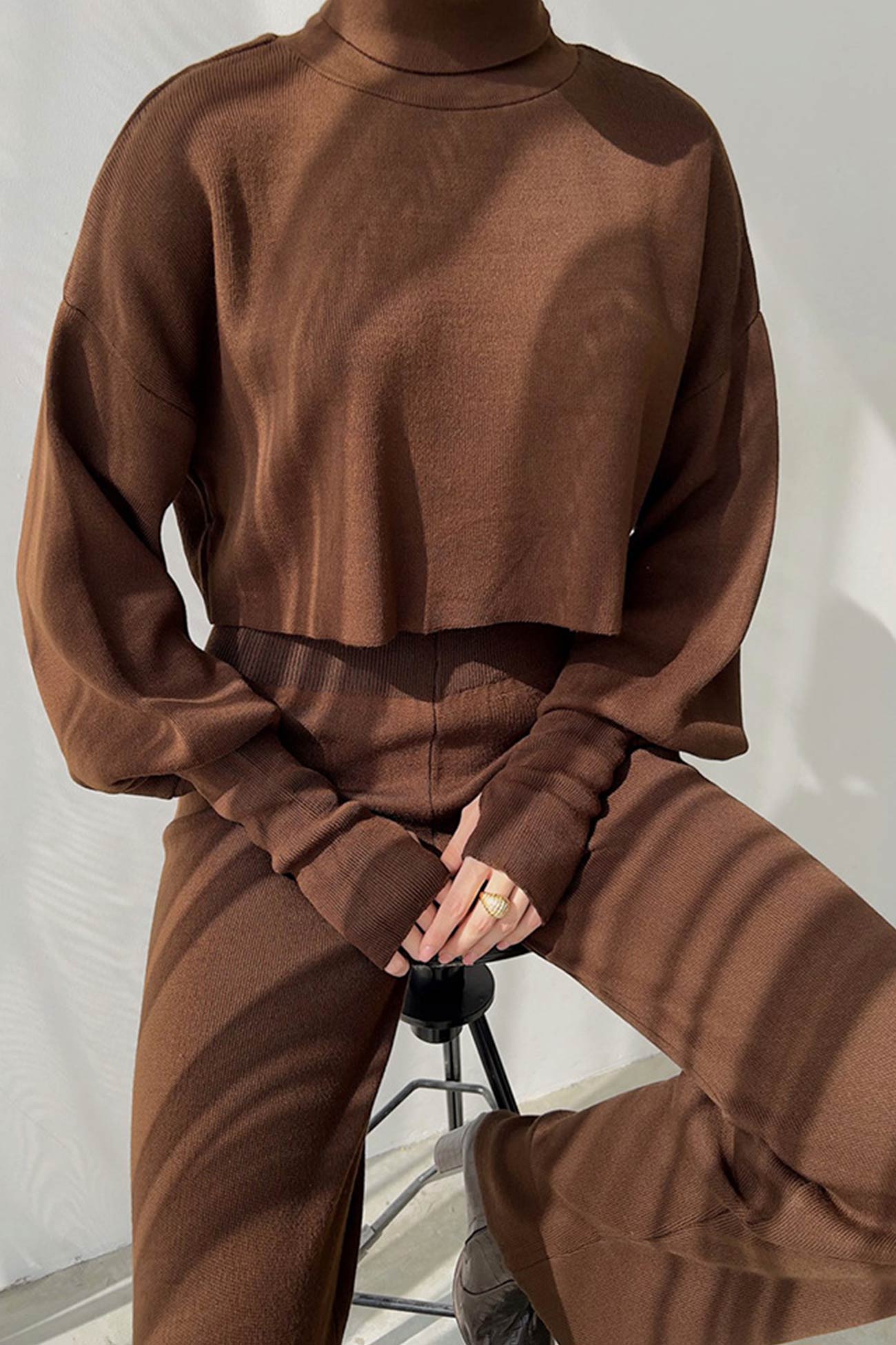 Maxct Solid High Neck Crop Top Long Pants Set