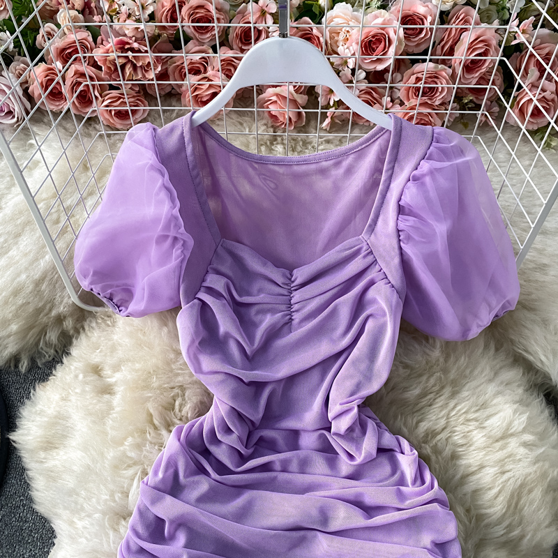 Sexy Mesh Draped Bodycon Dress Women Elegant Square Collar Short Puff Sleeve Pleated Vestidos Female Summer
