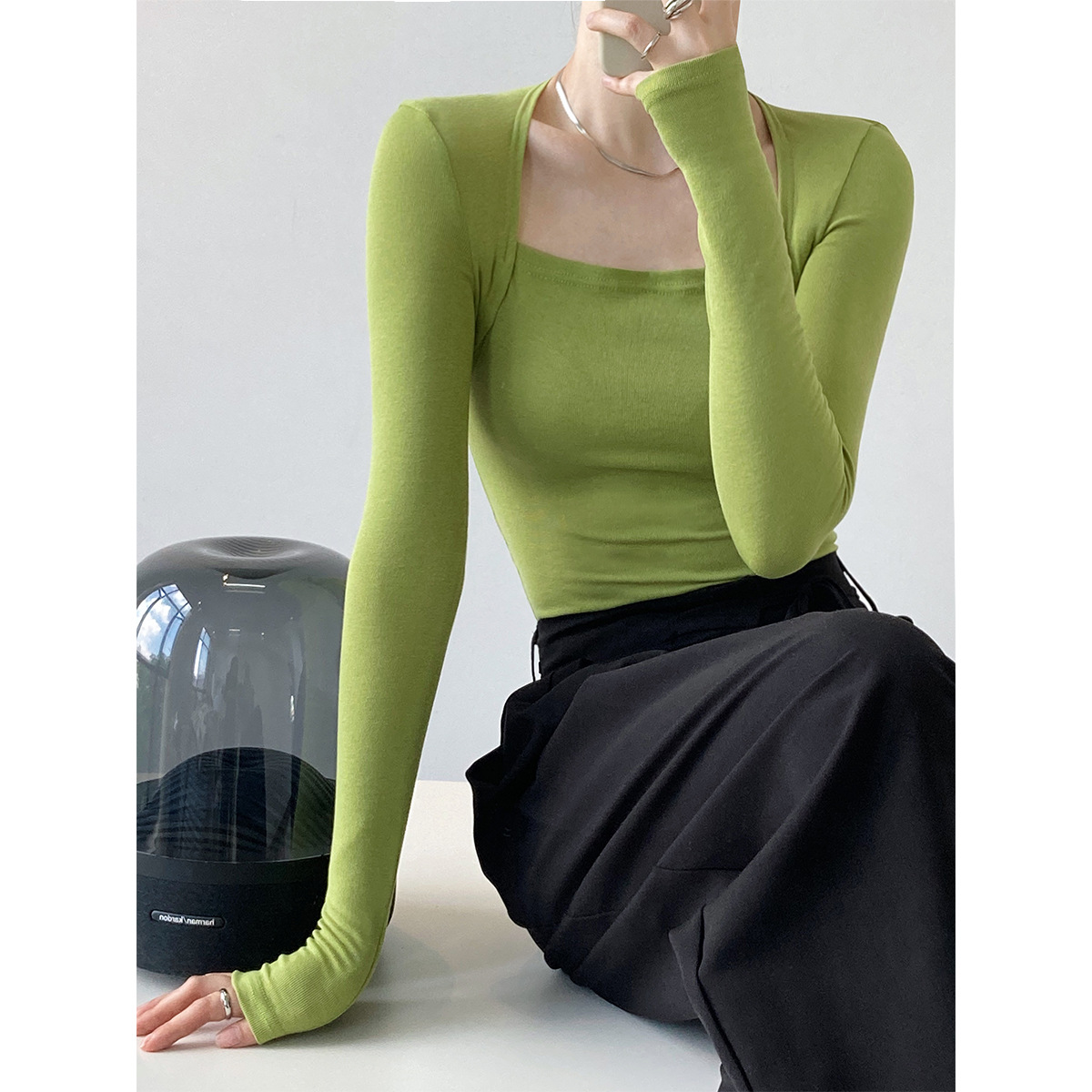Maxct 2000s fashion Luxi French Style Long Sleeve Square Collar T-shirt Women's Slim Fit Slimming Fake Two-Piece Top Autumn Thin Bottoming Shirt 283