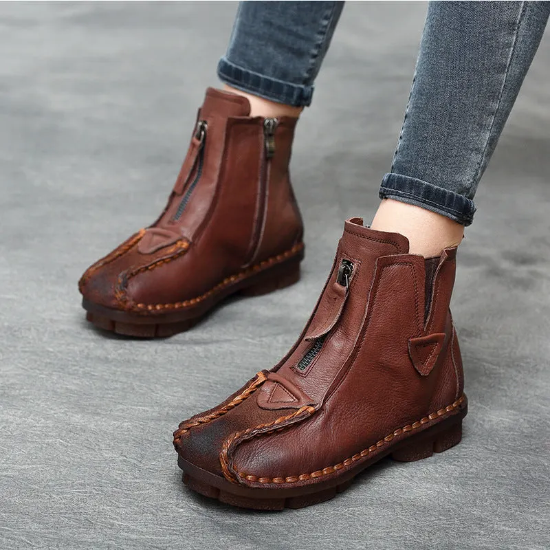 Maxct Trendy Ethnic Retro Handmade Leather Zipper Short Boots