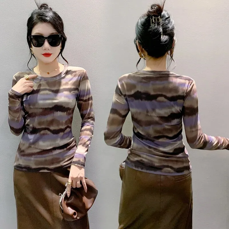 Maxct S-3XL New Vague Printing Mesh T-shirt Women's Round Neck Long Sleeve High Stretch Light Fabric Tees Tops - Image 10