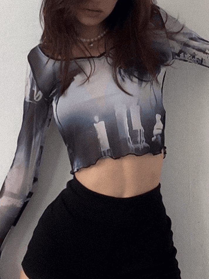 Maxct Cropped Flare Cuffs Mesh Blouse