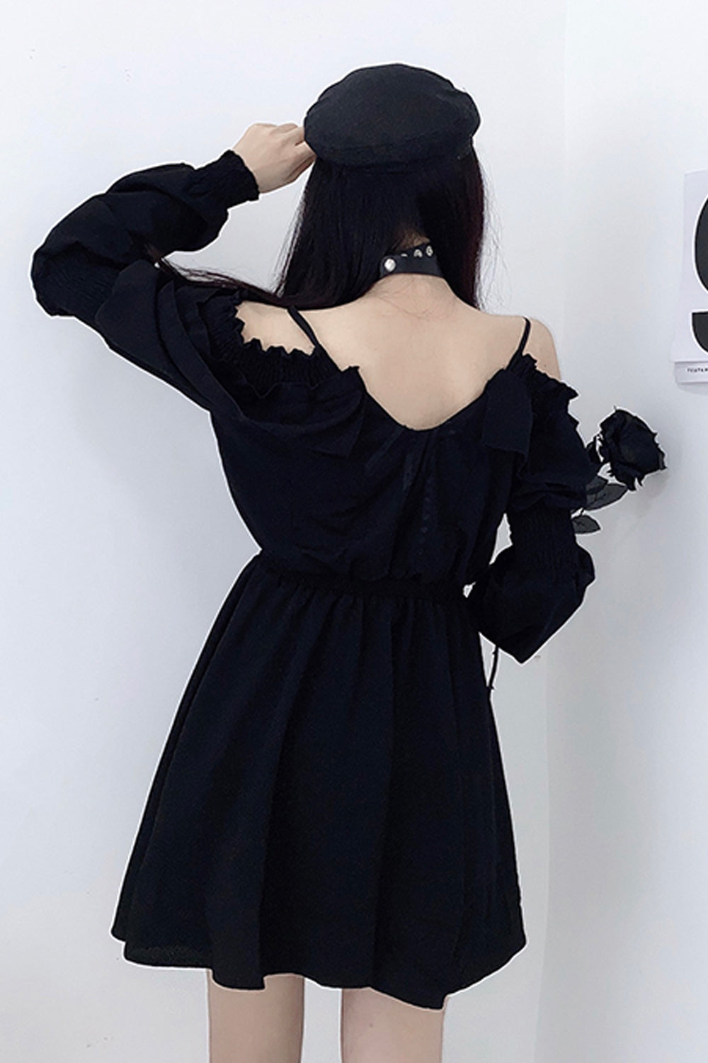 Long Sleeve Off Shoulder Gothic Black Dress Maxct
